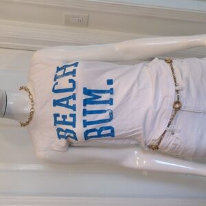 White Tank Top with Blue 'Beach Bum' Print Small